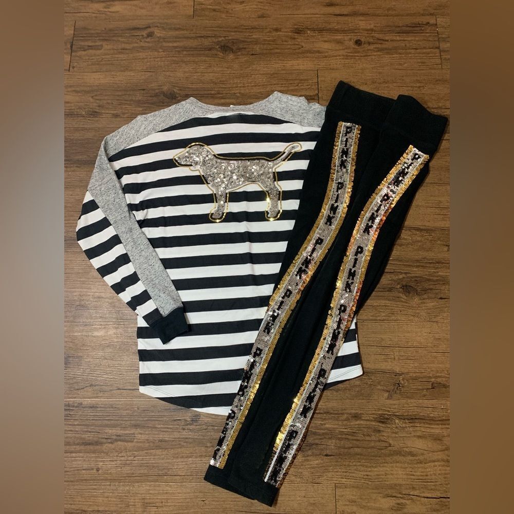 Victoria’s Secret Pink Bling Stripe Dog Tshirt/ Leggings Outfit set S